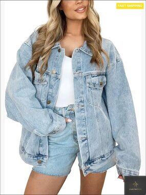 Oversized Denim Jacket Long Sleeve Button Down Trucker Shacket Fall Coat